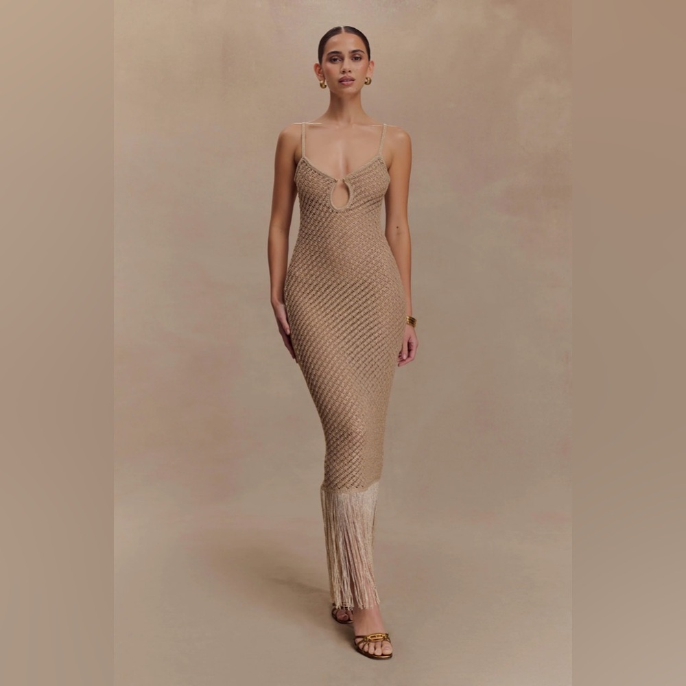 Meshki Beige Fringe Knit Maxi Dress
